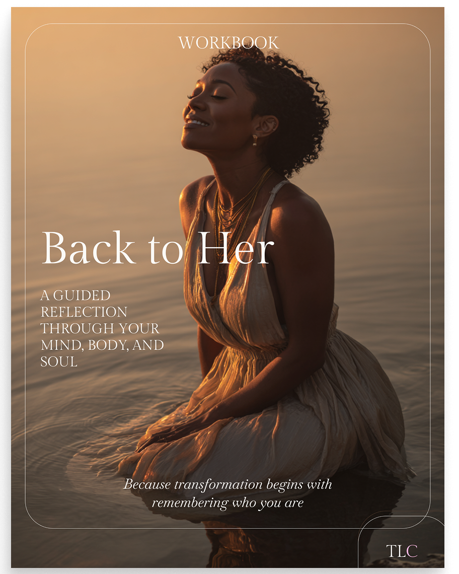Workbook titled 'Back to Her' with a woman in a flowing dress on the cover.